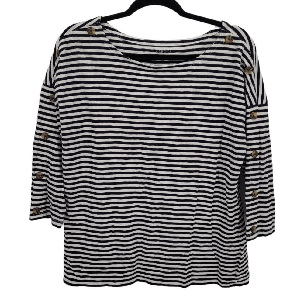 Talbots Womens large navy blue white stripe shoulder button detail 3/4 sleeve